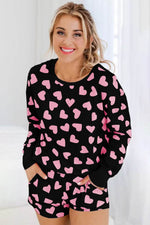 Load image into Gallery viewer, Pink Valentine Heart Shape Print Long Sleeve Top Shorts Lounge Set - Fashion Queen -  5
