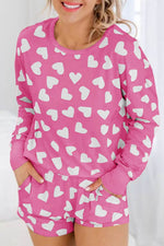 Load image into Gallery viewer, Pink Valentine Heart Shape Print Long Sleeve Top Shorts Lounge Set - Fashion Queen -  7
