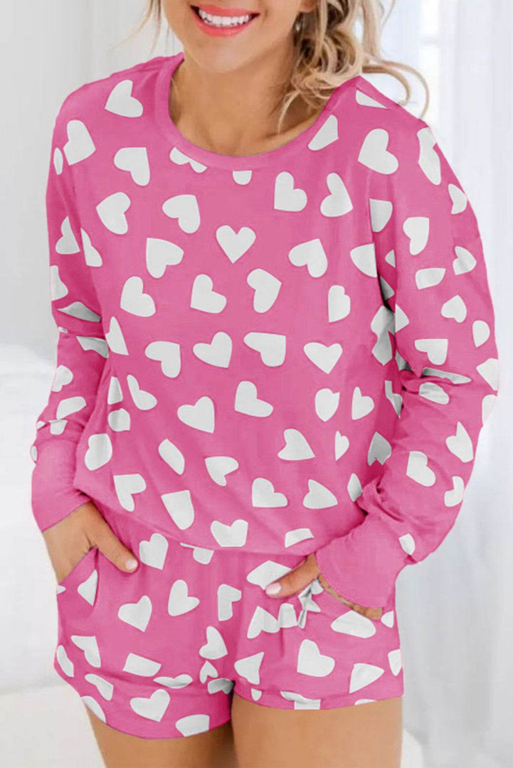 Pink Valentine Heart Shape Print Long Sleeve Top Shorts Lounge Set - Fashion Queen -  7