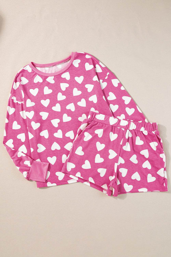 Pink Valentine Heart Shape Print Long Sleeve Top Shorts Lounge Set - Fashion Queen -  9