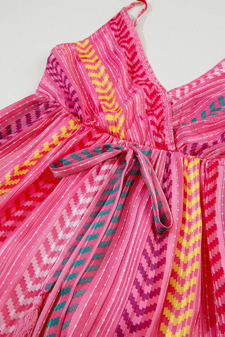 Pink Western Printed Tassel Tie V Neck Wrap Maxi Dress - Fashion Queen -  16