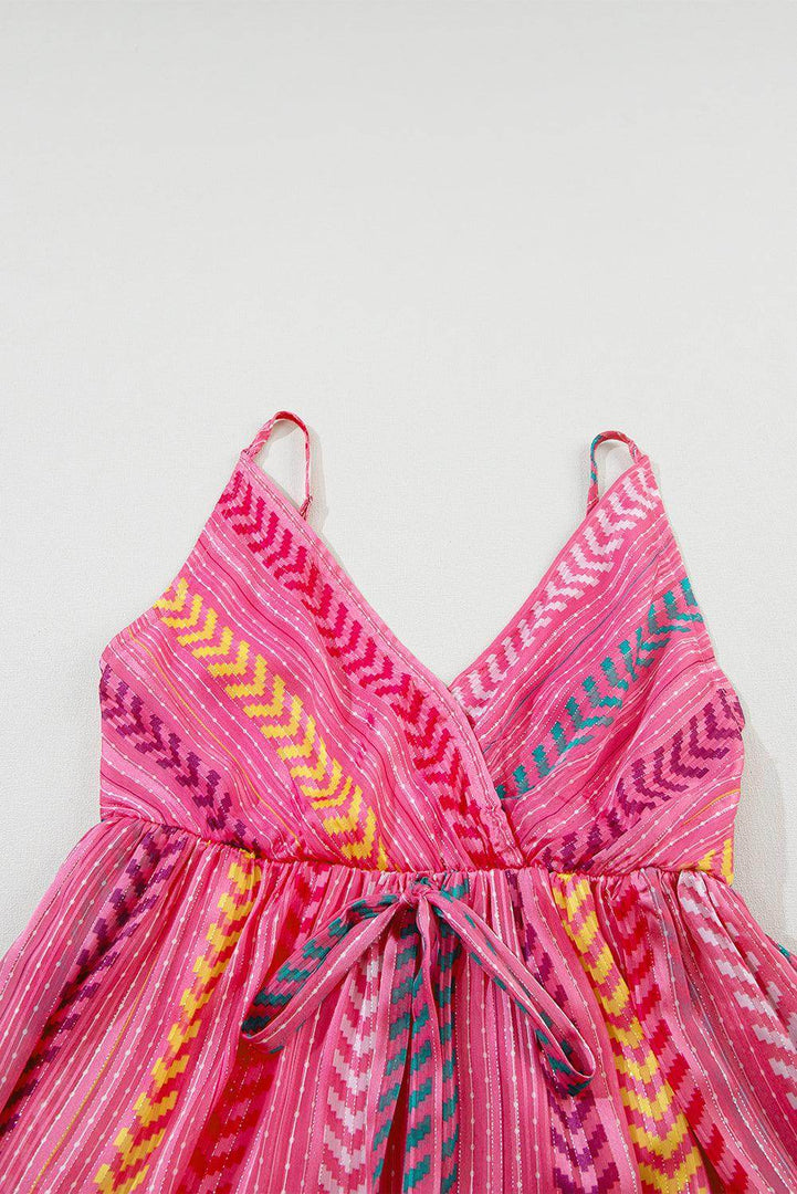 Pink Western Printed Tassel Tie V Neck Wrap Maxi Dress - Fashion Queen -  17