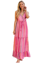 Load image into Gallery viewer, Pink Western Printed Tassel Tie V Neck Wrap Maxi Dress - Fashion Queen -  19
