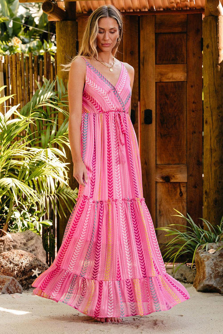 Pink Western Printed Tassel Tie V Neck Wrap Maxi Dress - Fashion Queen -  7