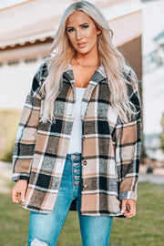 Plaid Print Buttoned Shirt Jacket - Fashion Queen -  1