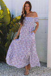 Purple Floral Short Bubble Sleeve Shirred High Waist Maxi Dress - Fashion Queen -  1