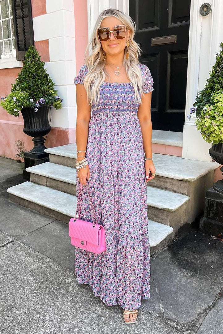 Purple Floral Short Bubble Sleeve Shirred High Waist Maxi Dress - Fashion Queen -  10