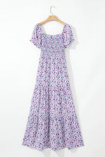 Load image into Gallery viewer, Purple Floral Short Bubble Sleeve Shirred High Waist Maxi Dress - Fashion Queen -  12
