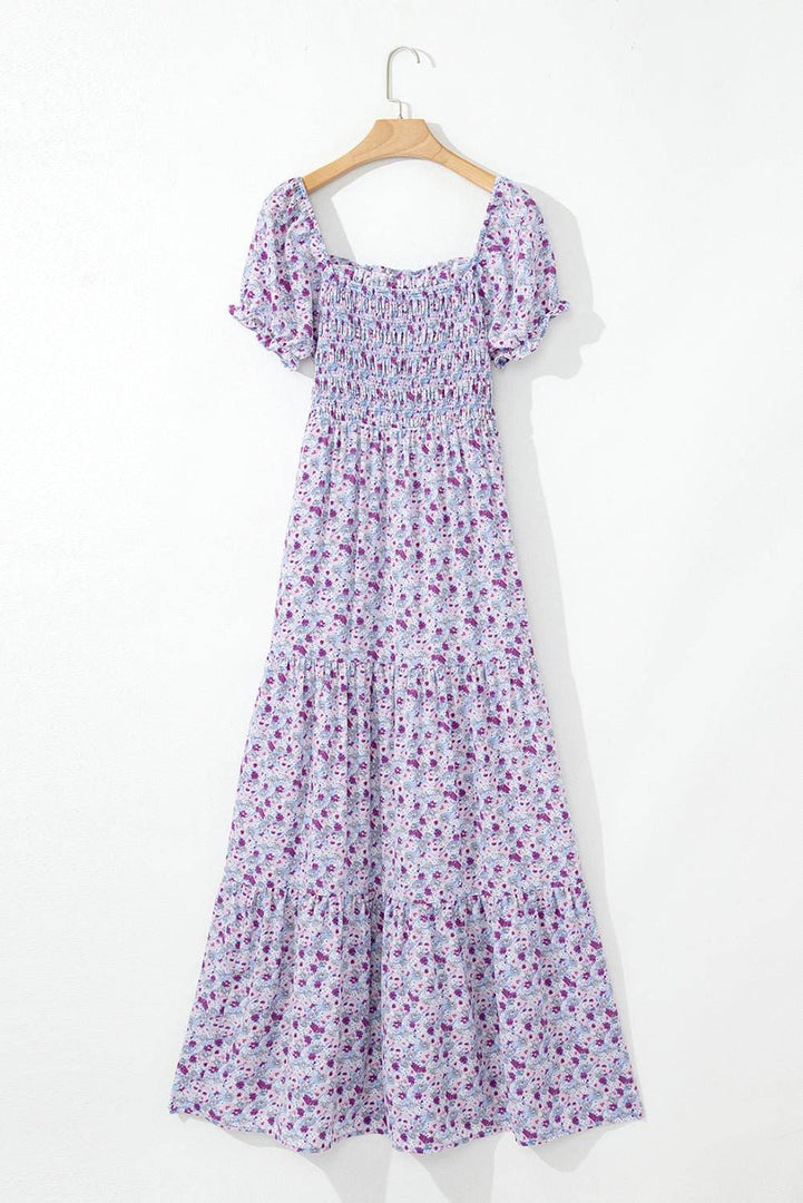 Purple Floral Short Bubble Sleeve Shirred High Waist Maxi Dress - Fashion Queen -  12