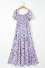 Load image into Gallery viewer, Purple Floral Short Bubble Sleeve Shirred High Waist Maxi Dress - Fashion Queen -  13
