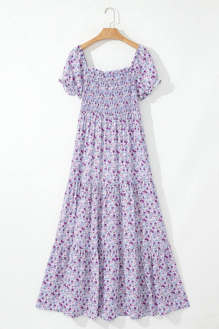 Purple Floral Short Bubble Sleeve Shirred High Waist Maxi Dress - Fashion Queen -  13