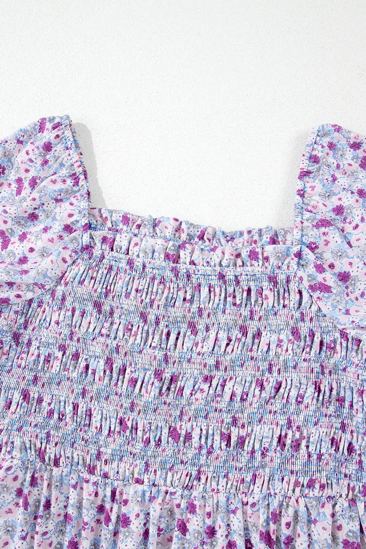 Purple Floral Short Bubble Sleeve Shirred High Waist Maxi Dress - Fashion Queen -  14