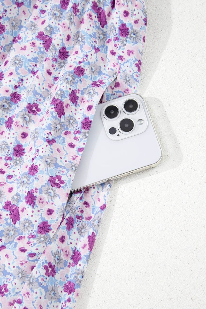 Purple Floral Short Bubble Sleeve Shirred High Waist Maxi Dress - Fashion Queen -  17