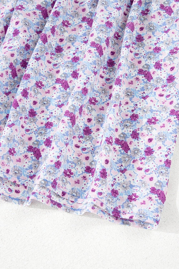 Purple Floral Short Bubble Sleeve Shirred High Waist Maxi Dress - Fashion Queen -  18