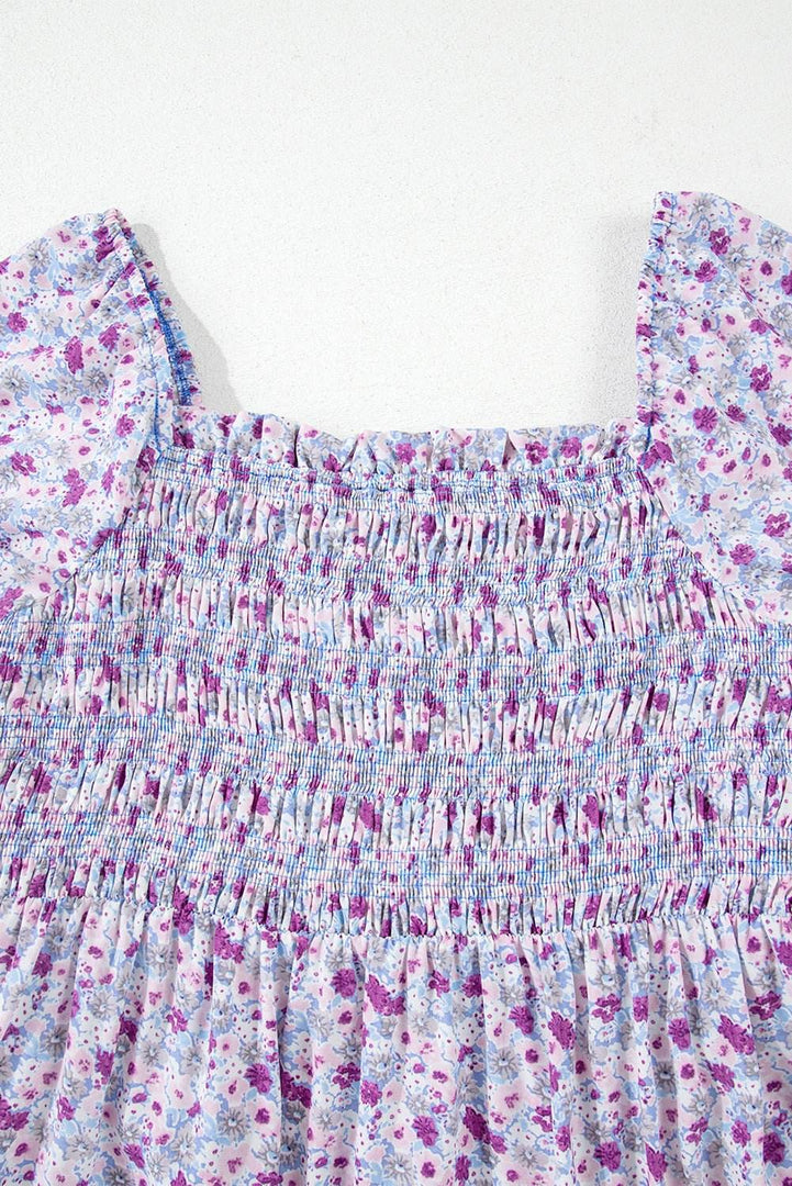 Purple Floral Short Bubble Sleeve Shirred High Waist Maxi Dress - Fashion Queen -  19