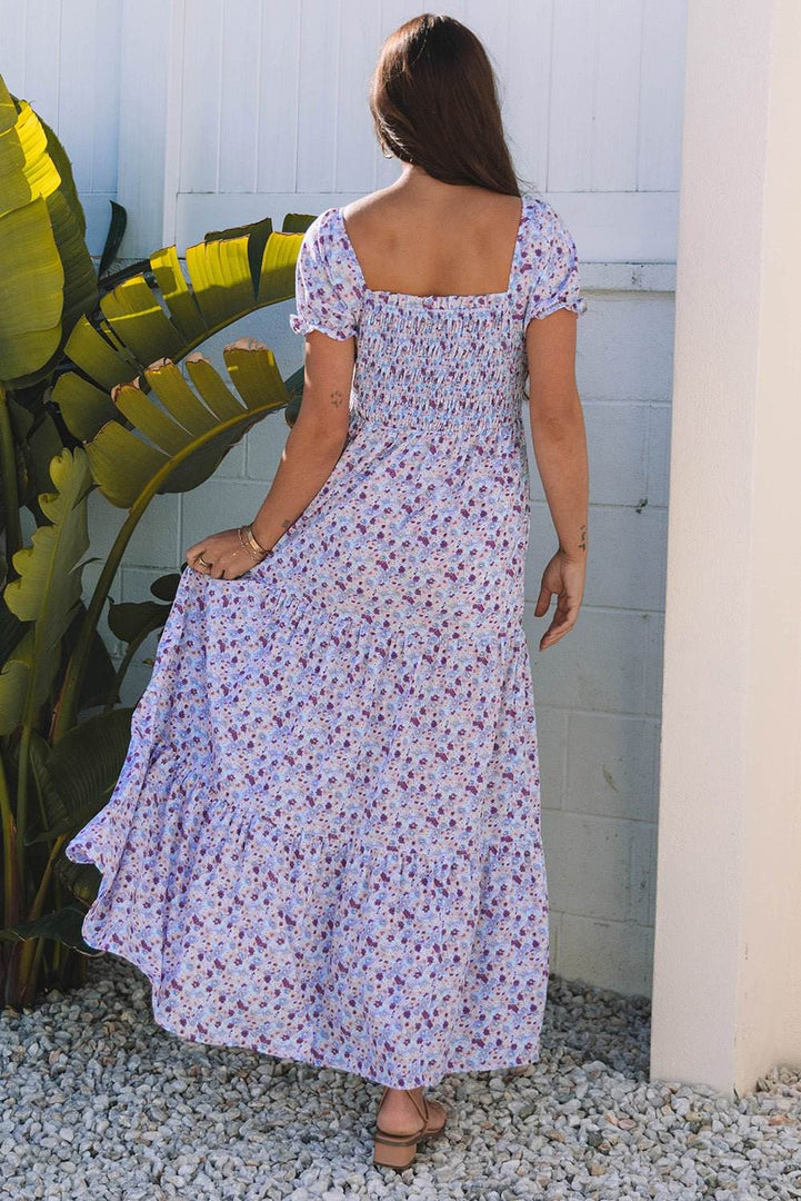 Purple Floral Short Bubble Sleeve Shirred High Waist Maxi Dress - Fashion Queen -  2