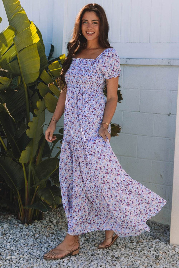 Purple Floral Short Bubble Sleeve Shirred High Waist Maxi Dress - Fashion Queen -  3