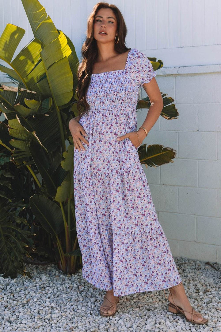 Purple Floral Short Bubble Sleeve Shirred High Waist Maxi Dress - Fashion Queen -  4