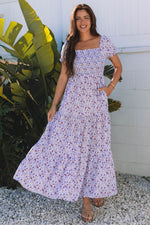 Load image into Gallery viewer, Purple Floral Short Bubble Sleeve Shirred High Waist Maxi Dress - Fashion Queen -  5
