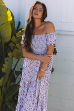 Load image into Gallery viewer, Purple Floral Short Bubble Sleeve Shirred High Waist Maxi Dress - Fashion Queen -  6
