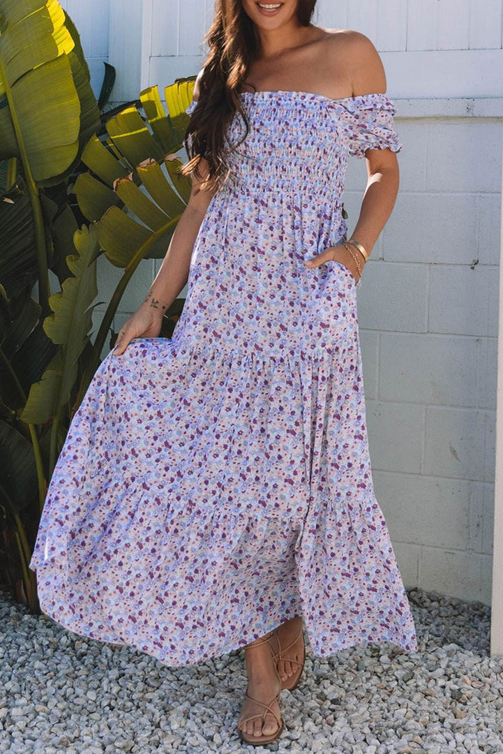 Purple Floral Short Bubble Sleeve Shirred High Waist Maxi Dress - Fashion Queen -  7