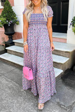 Load image into Gallery viewer, Purple Floral Short Bubble Sleeve Shirred High Waist Maxi Dress - Fashion Queen -  8
