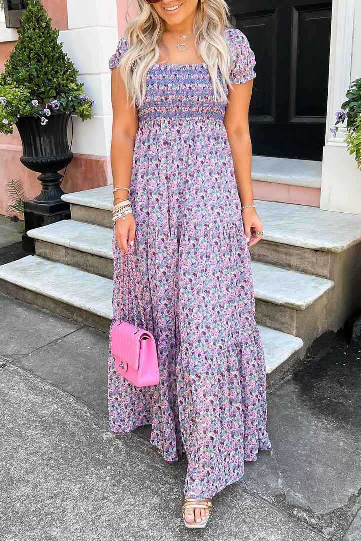 Purple Floral Short Bubble Sleeve Shirred High Waist Maxi Dress - Fashion Queen -  8