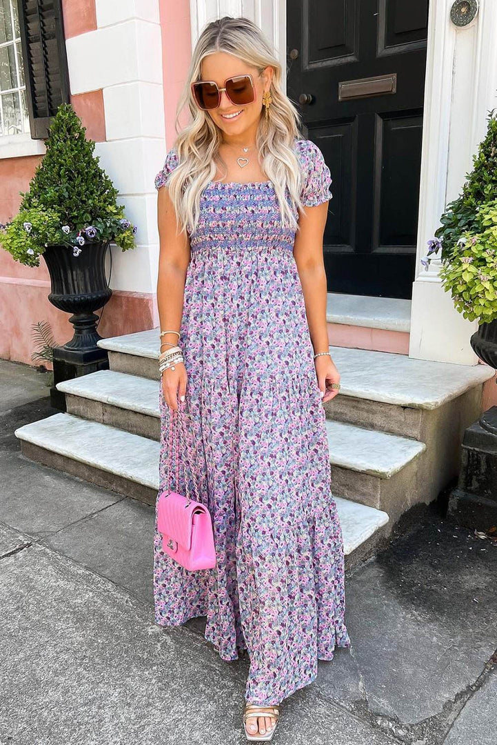 Purple Floral Short Bubble Sleeve Shirred High Waist Maxi Dress - Fashion Queen -  9