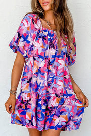 Purple Flower Print Short Puff Sleeve Ruffled Dress - Fashion Queen -  1