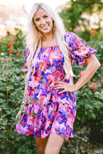Load image into Gallery viewer, Purple Flower Print Short Puff Sleeve Ruffled Dress - Fashion Queen -  10

