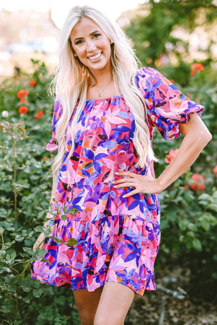 Purple Flower Print Short Puff Sleeve Ruffled Dress - Fashion Queen -  10
