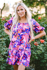 Load image into Gallery viewer, Purple Flower Print Short Puff Sleeve Ruffled Dress - Fashion Queen -  11
