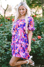 Load image into Gallery viewer, Purple Flower Print Short Puff Sleeve Ruffled Dress - Fashion Queen -  12
