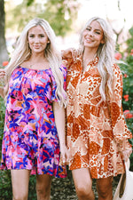Load image into Gallery viewer, Purple Flower Print Short Puff Sleeve Ruffled Dress - Fashion Queen -  13
