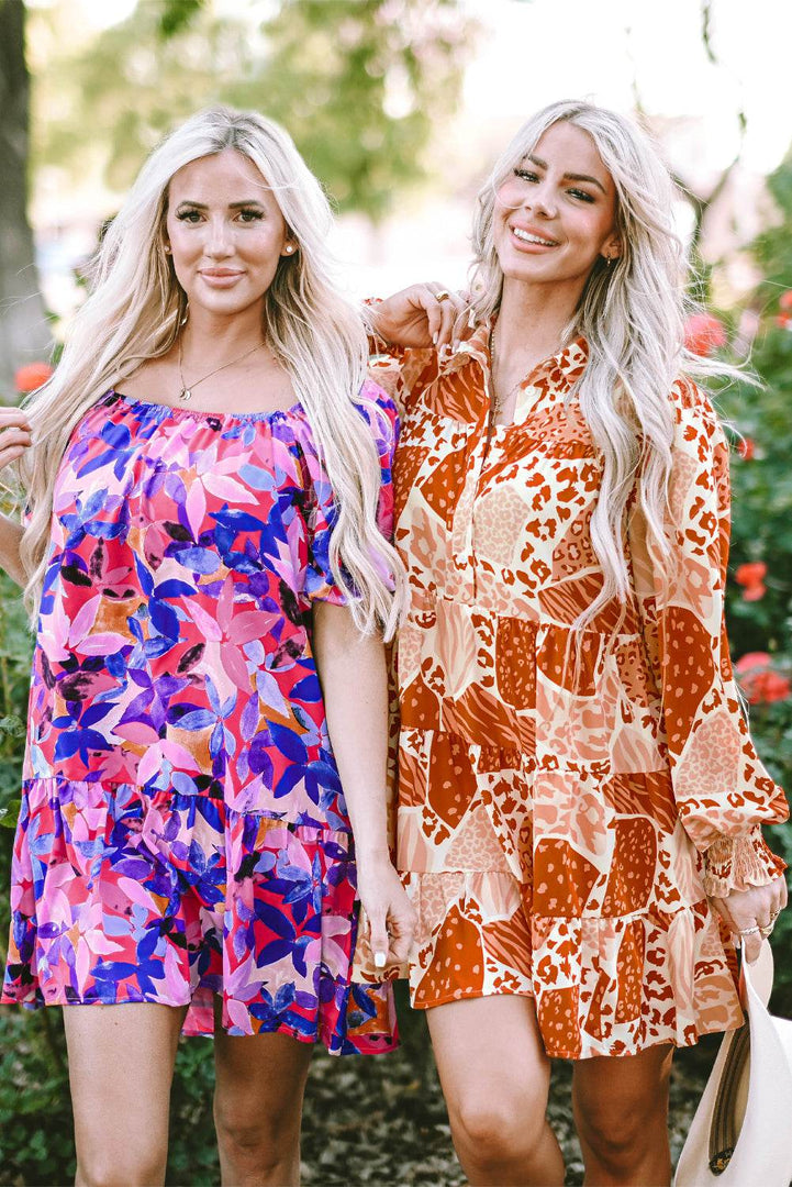 Purple Flower Print Short Puff Sleeve Ruffled Dress - Fashion Queen -  13