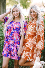 Load image into Gallery viewer, Purple Flower Print Short Puff Sleeve Ruffled Dress - Fashion Queen -  14
