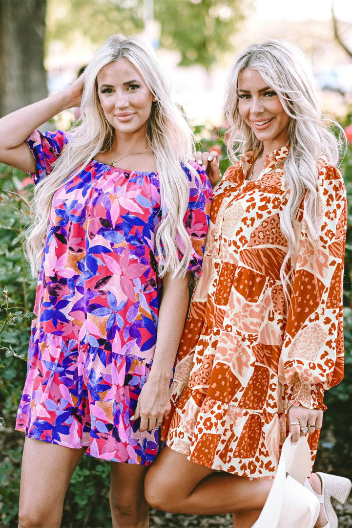 Purple Flower Print Short Puff Sleeve Ruffled Dress - Fashion Queen -  14