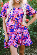 Load image into Gallery viewer, Purple Flower Print Short Puff Sleeve Ruffled Dress - Fashion Queen -  15
