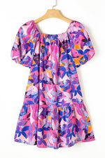Load image into Gallery viewer, Purple Flower Print Short Puff Sleeve Ruffled Dress - Fashion Queen -  16
