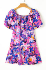 Load image into Gallery viewer, Purple Flower Print Short Puff Sleeve Ruffled Dress - Fashion Queen -  17
