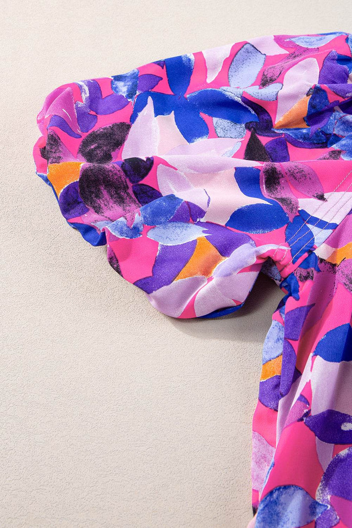 Purple Flower Print Short Puff Sleeve Ruffled Dress - Fashion Queen -  18
