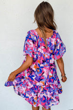 Load image into Gallery viewer, Purple Flower Print Short Puff Sleeve Ruffled Dress - Fashion Queen -  2
