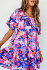 Load image into Gallery viewer, Purple Flower Print Short Puff Sleeve Ruffled Dress - Fashion Queen -  3
