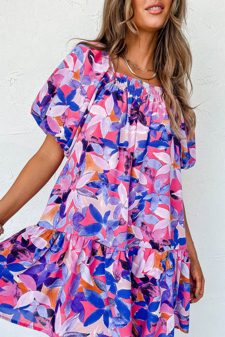 Purple Flower Print Short Puff Sleeve Ruffled Dress - Fashion Queen -  3