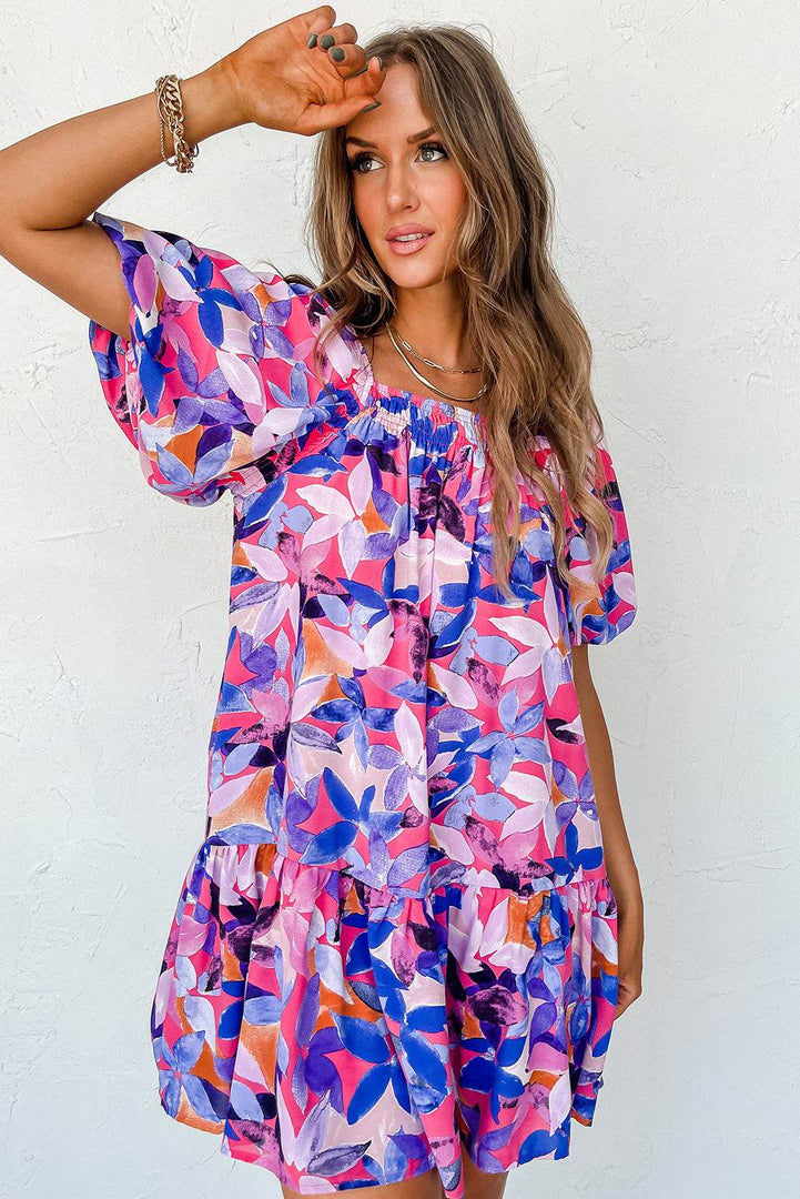 Purple Flower Print Short Puff Sleeve Ruffled Dress - Fashion Queen -  4