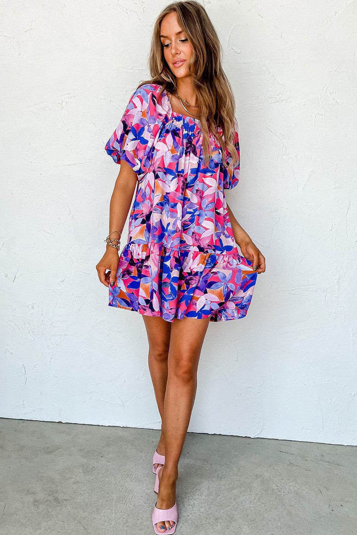 Purple Flower Print Short Puff Sleeve Ruffled Dress - Fashion Queen -  5