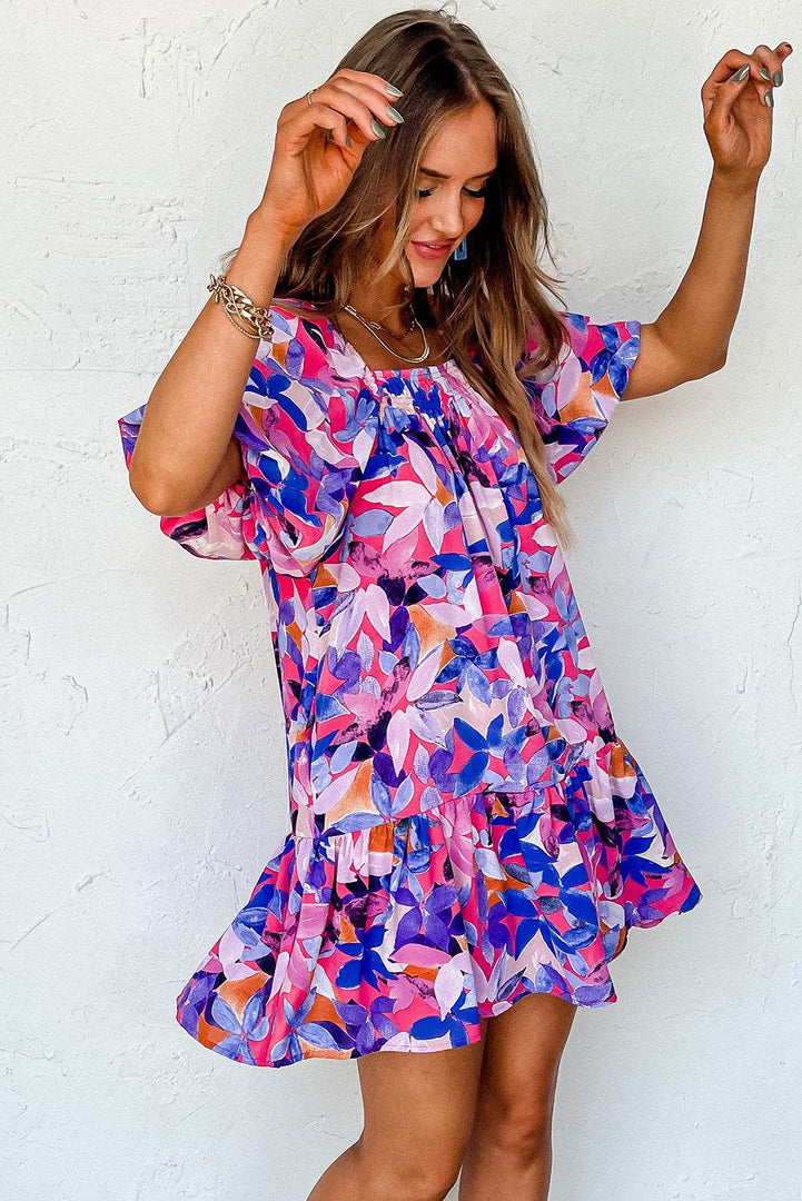 Purple Flower Print Short Puff Sleeve Ruffled Dress - Fashion Queen -  6