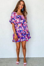 Load image into Gallery viewer, Purple Flower Print Short Puff Sleeve Ruffled Dress - Fashion Queen -  7

