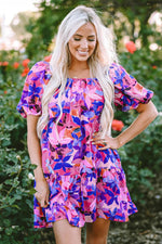 Load image into Gallery viewer, Purple Flower Print Short Puff Sleeve Ruffled Dress - Fashion Queen -  8
