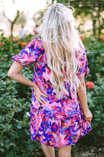 Load image into Gallery viewer, Purple Flower Print Short Puff Sleeve Ruffled Dress - Fashion Queen -  9
